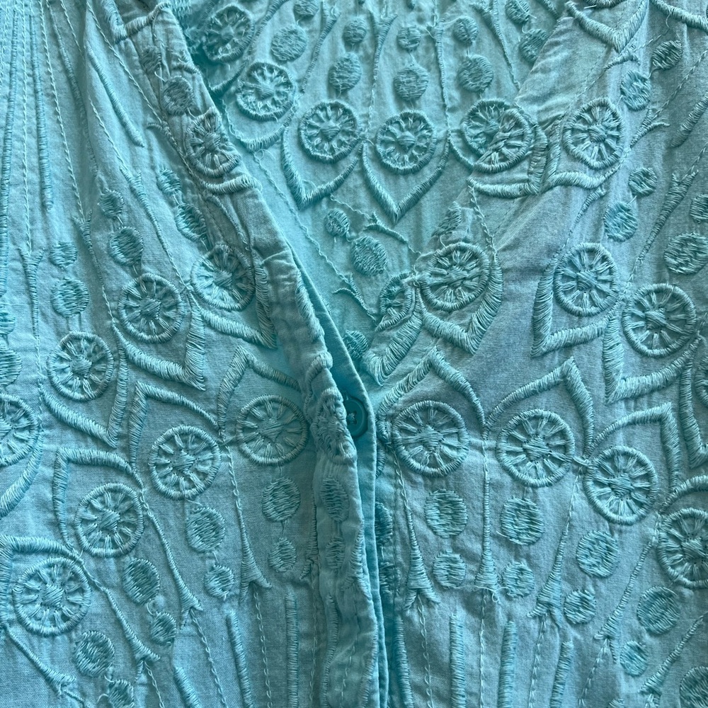 Soft Surroundings Aqua Embroidered Cotton Blouse L Boho Coastal Grandma - Picture 5 of 6